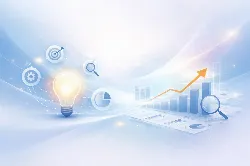 La imagen presenta un fondo suave y luminoso, donde destaca una bombilla encendida, simbolizando ideas y creatividad. Alrededor, hay íconos que representan análisis y crecimiento, como gráficos ascendentes, una lupa y un objetivo. Estos elementos sugieren un enfoque en la innovación y el progreso. La combinación de colores claros y la disposición de los gráficos transmiten una sensación de optimismo y dinamismo, reflejando un ambiente propicio para el desarrollo y la toma de decisiones estratégicas.